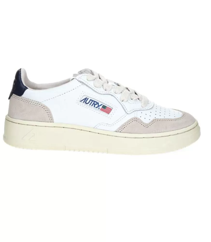 Femme Autry Baskets Medalist Low Cuir Suede Blanc/Navy Blue