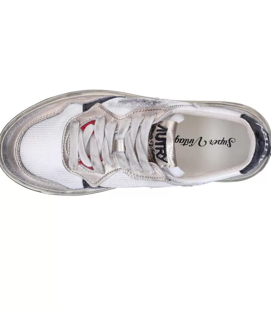 Femme Autry Baskets Medalist Low Super Vintage En Mesh Et Daim Blanc Et Or