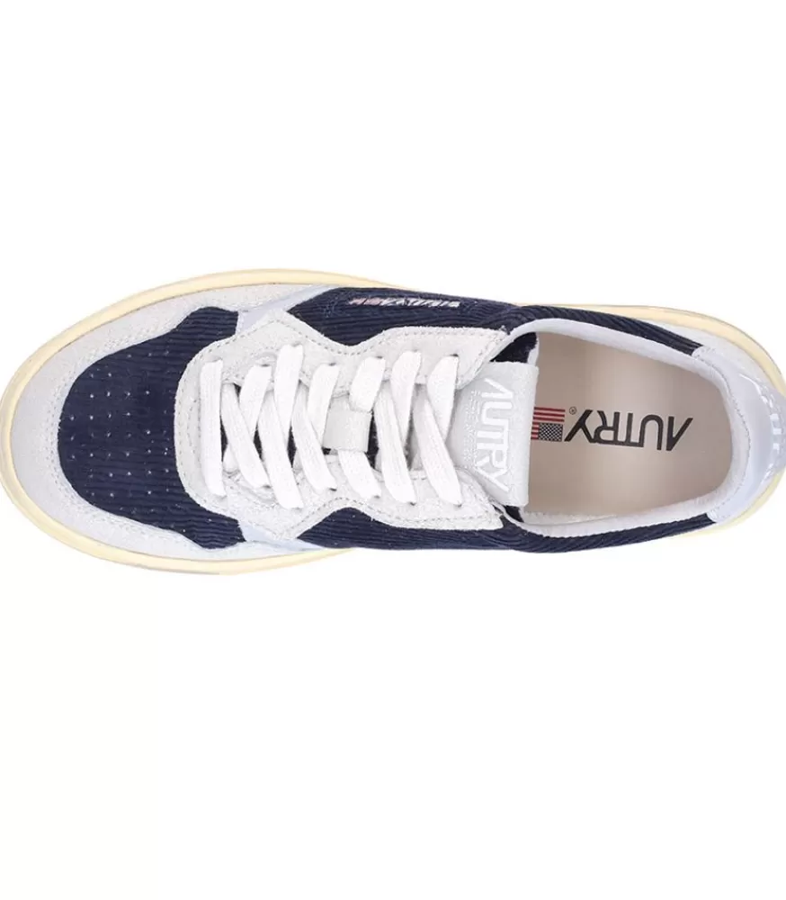 Femme Autry Baskets Medalist Low Velours Cotele Bleu Et Gris