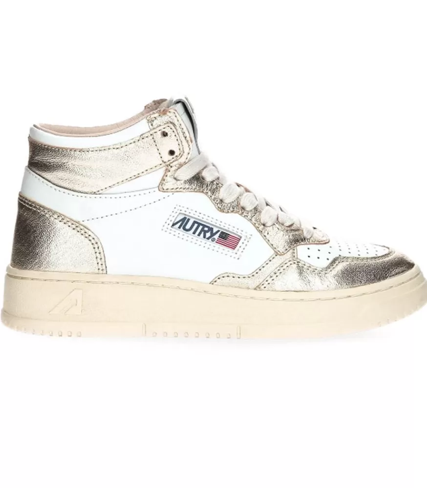 Femme Autry Baskets Medalist Mid Blanc Et Platinum