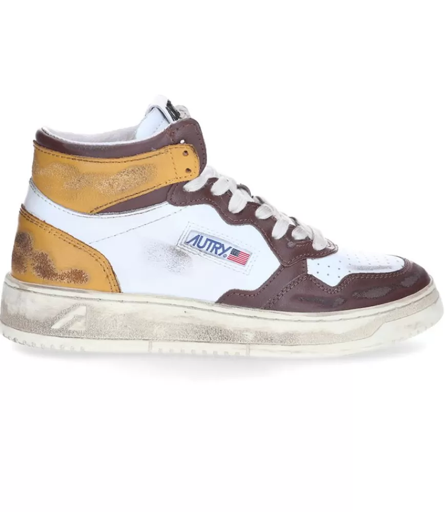 Femme Autry Baskets Super Vintage Mid Cuir White Brown Honey