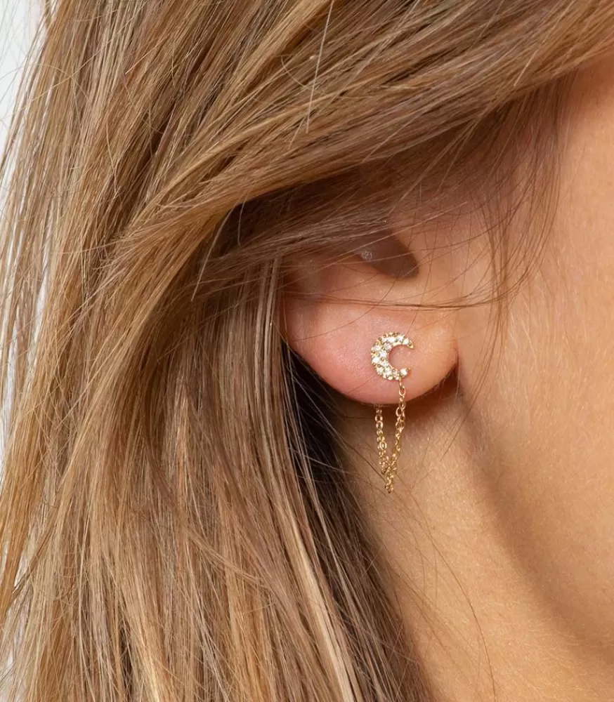 Femme And... Paris Boucle D'Oreille Stud Lune Pavee Et Chaine