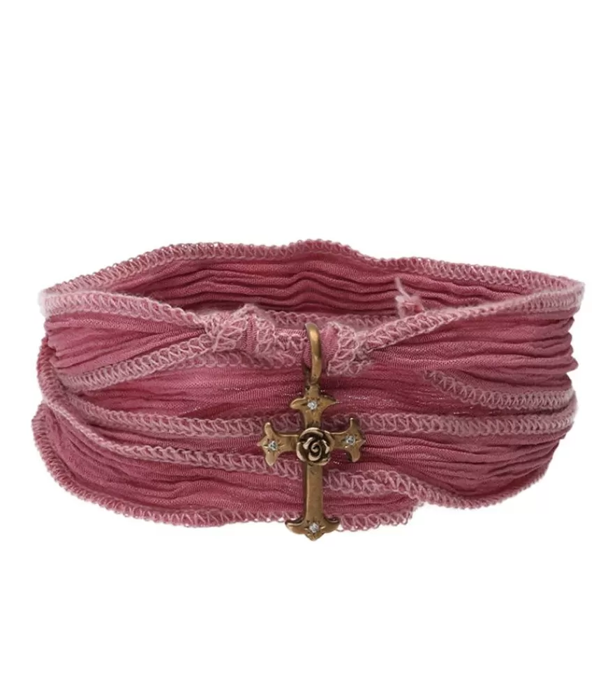 Femme Catherine Michiels Bracelet En Soie A Nouer Et Charm Mariel Cross En Bronze Et Diamant