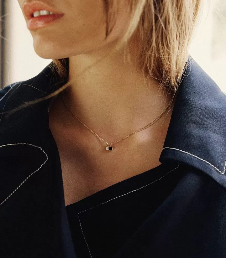 Femme And... Paris Collier Forcat Lime Avec Diamant Noir Princesse Carre En Or Jaune