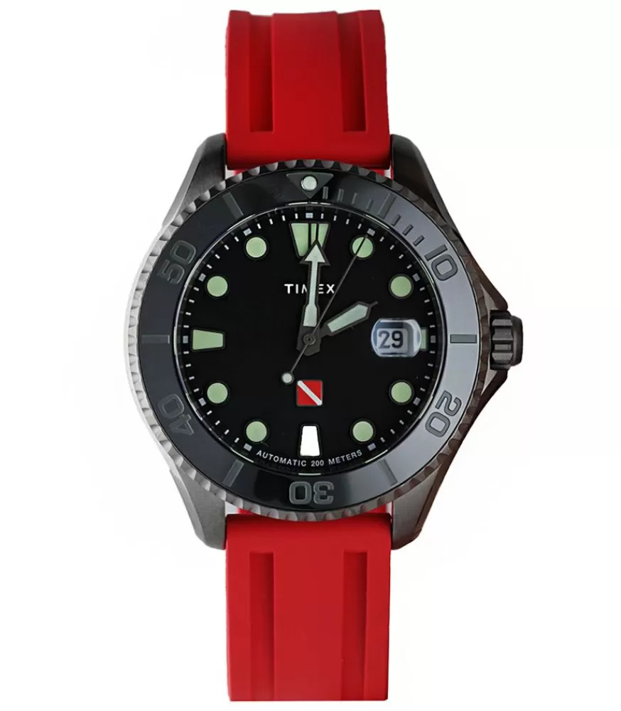 Homme Timex Montre Automatique Tiburon En Titane Cadran Noir Et Bracelet Rouge