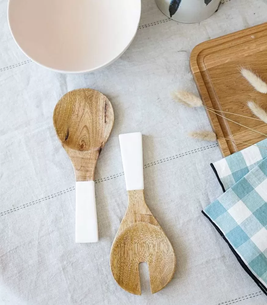 Be Home Petits Couverts De Service En Bois De Manguier Et Email Blanc