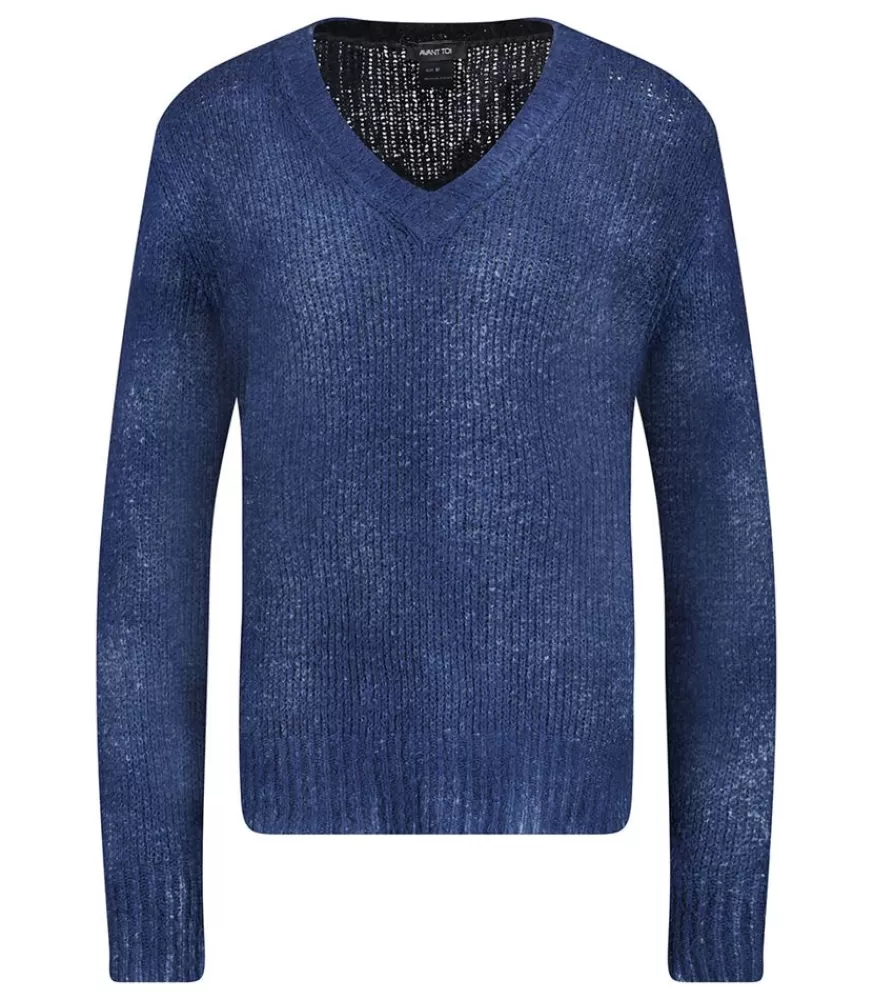 Femme Avant Toi Pull En Maille Col V Blue Navy