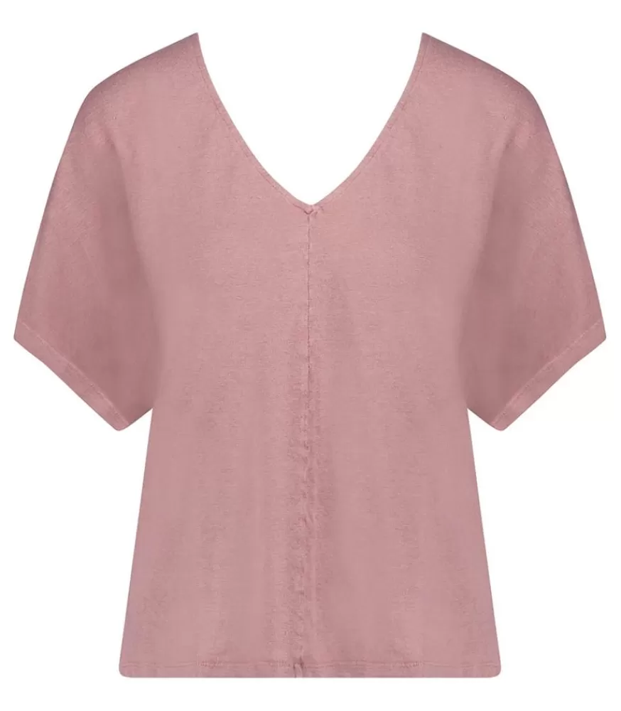 Femme Majestic Filatures Tee-Shirt Col V Manches Courtes En Lin Bois De Rose