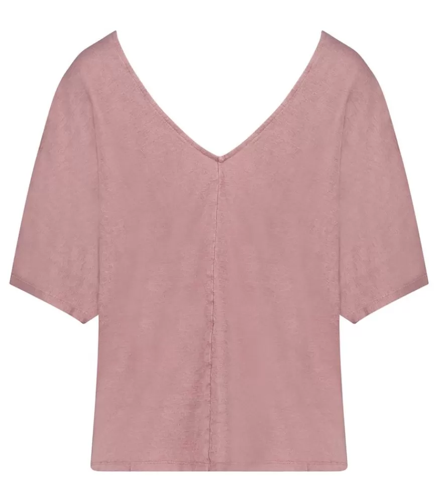 Femme Majestic Filatures Tee-Shirt Col V Manches Courtes En Lin Bois De Rose