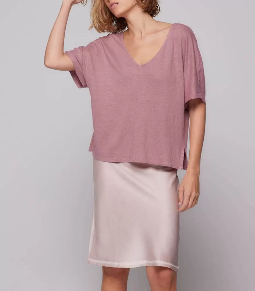 Femme Majestic Filatures Tee-Shirt Col V Manches Courtes En Lin Bois De Rose