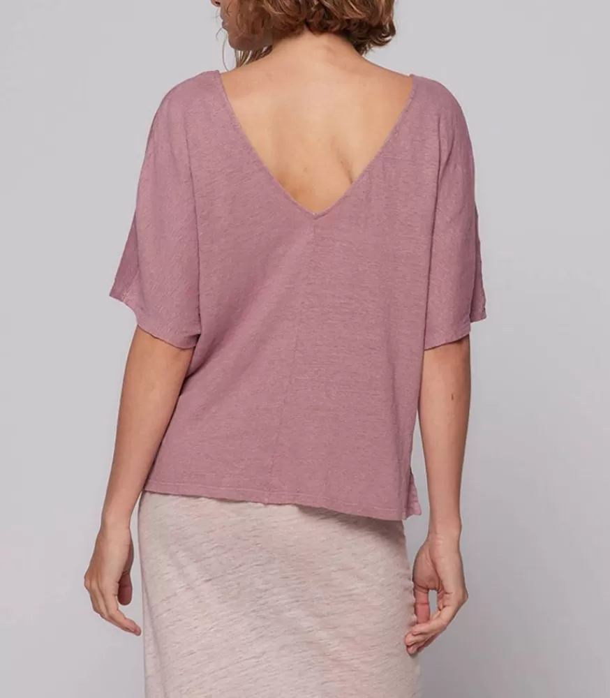 Femme Majestic Filatures Tee-Shirt Col V Manches Courtes En Lin Bois De Rose