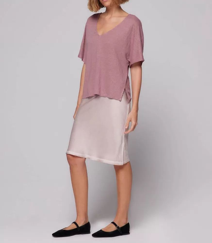 Femme Majestic Filatures Tee-Shirt Col V Manches Courtes En Lin Bois De Rose